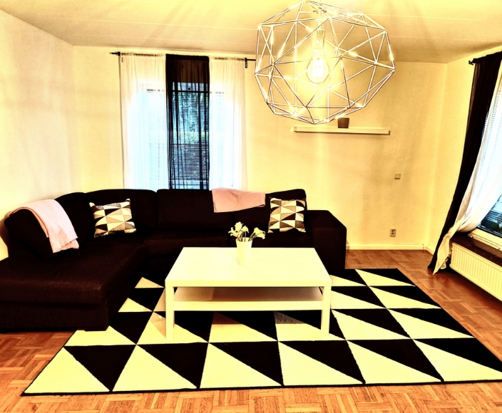 Vardagsrummet, fin divansoffa med soffbord, vackert taklampa, fin modern matta.