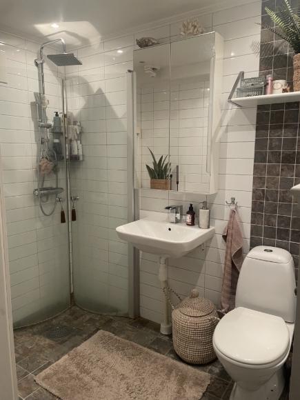 Badrum med dusch och tvättmaskin (toppmatad).