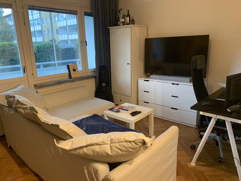 Vardagsrum med soffa (bäddsoffa), 50" Smart-TV, soundbar från Harman Kardon, m.m.