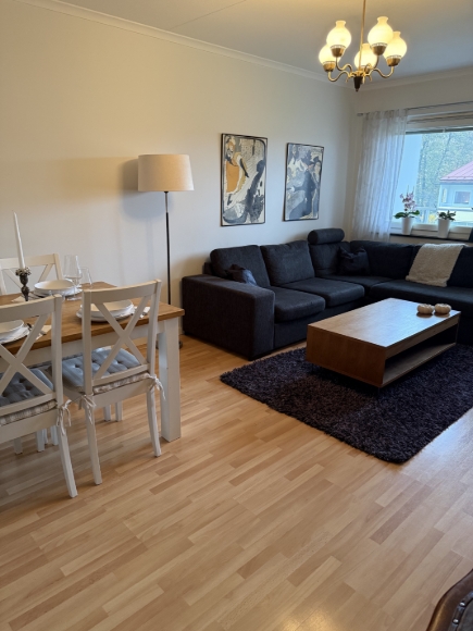 Rymligt vardagsrum med plats för både soffa och matsalsdel.