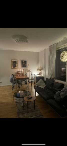 Bild tagen från köksdel, mot matplats och loungedel. 
Möbler som ingår i uthyrning: matplats + stolar, soffbord, matta, tavlor, gardiner och det lilla skåpet i hörnet.