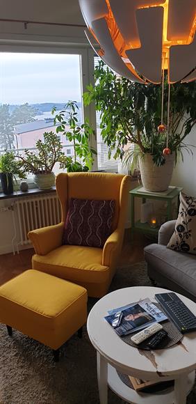Fåtölj, god bok" samt utsikt från vardagsrum.