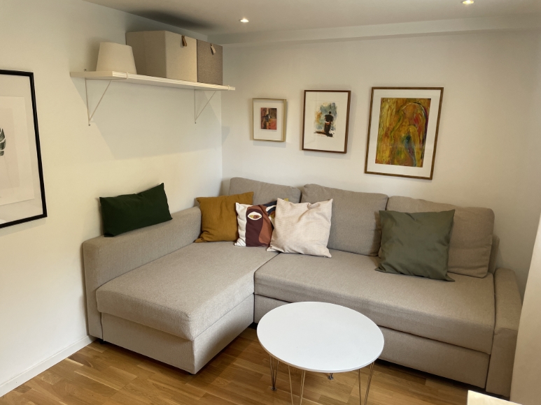 Uthyrningsrummet är utrustat med en stor och bekväm bäddsoffa som med ett enkelt handtag görs om till en rymlig säng.