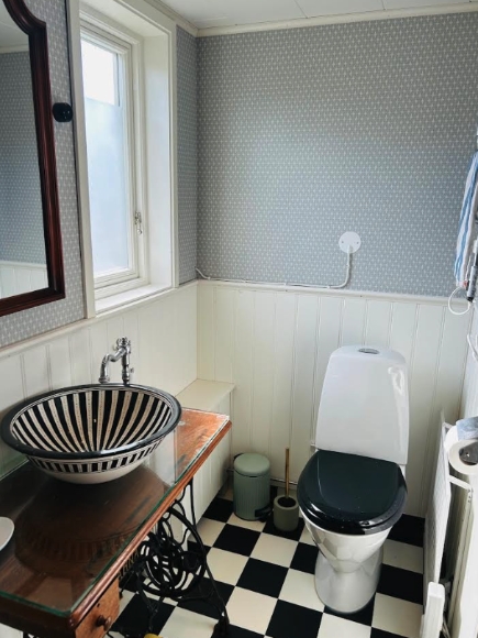 Badrum med dusch o toalett.