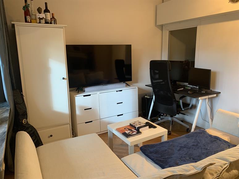 Vardagsrum med soffa (bäddsoffa), 50" Smart-TV, soundbar från Harman Kardon, m.m.
(Datorn kommer jag att ta med mig)