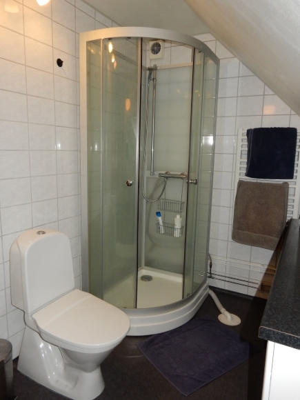 Dusch och toalett ovanvåning.