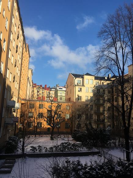 Lägenheten vätter mot den lugna innergården som på sommaren är lummig och fin!