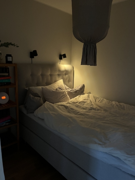 Bild mot sovalkov som separeras från övrig del med en fint draperi/ gardin..
Möbler som ingår i uthyrning: Säng+gavel, möbel vid sidan om sängen, lampor och draperi/gardin.